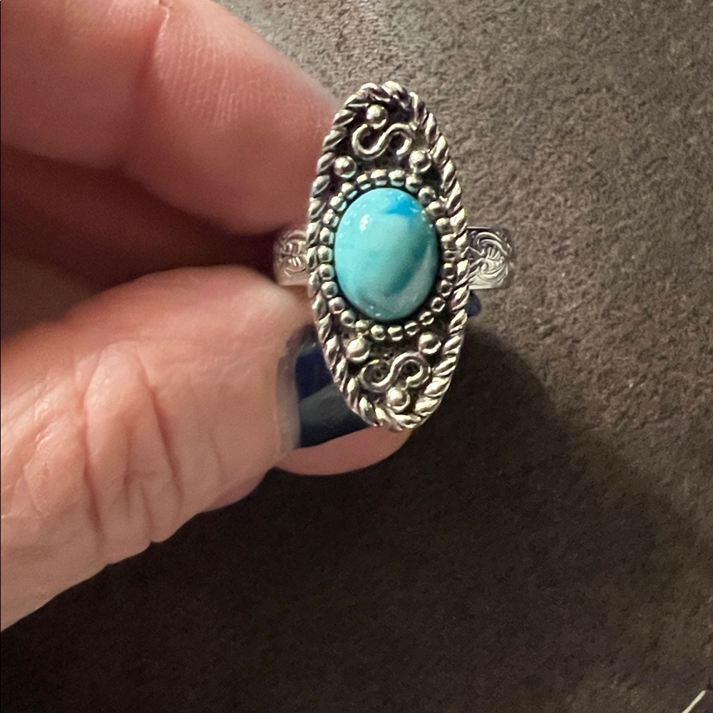 Sarah Coventry Indian Maiden Ring Antiqued Silver Tone Faux Turquoise Signed Vtg
